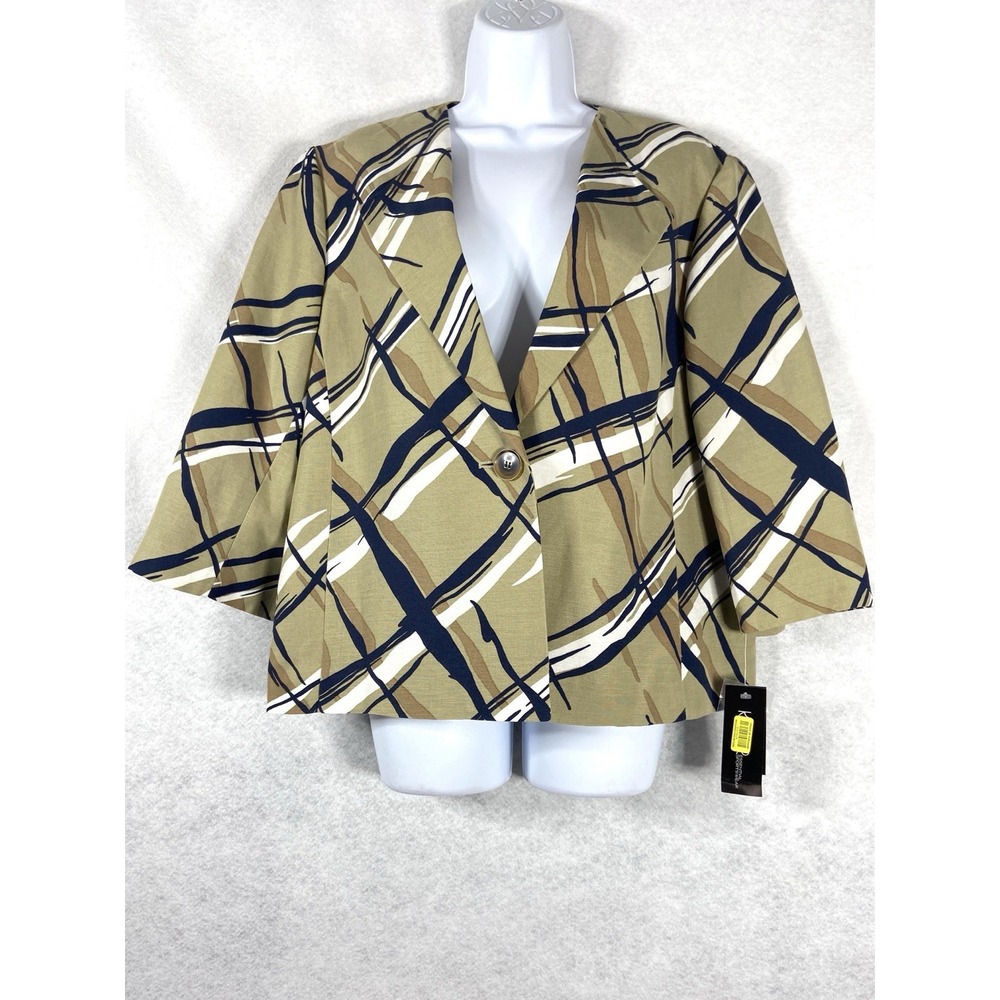 Kasper Jacket Women's 16 Beige Blue Blazer 3/4 Sleeves Linen Blend Geometric New